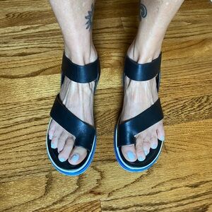 Franco Sarto blue & black wedge sandals.